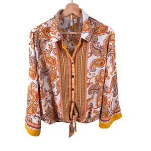 Cato Women's Size Large Orange Paisley Print Long Sleeve Party Cocktail Blouse
